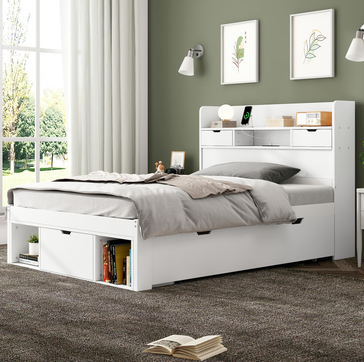KINDERBETT 90/200 cm Weiß mit Stauraum und Ladestation aus Kiefer - Weiß, Holzwerkstoff (90/200cm) - OKWISH