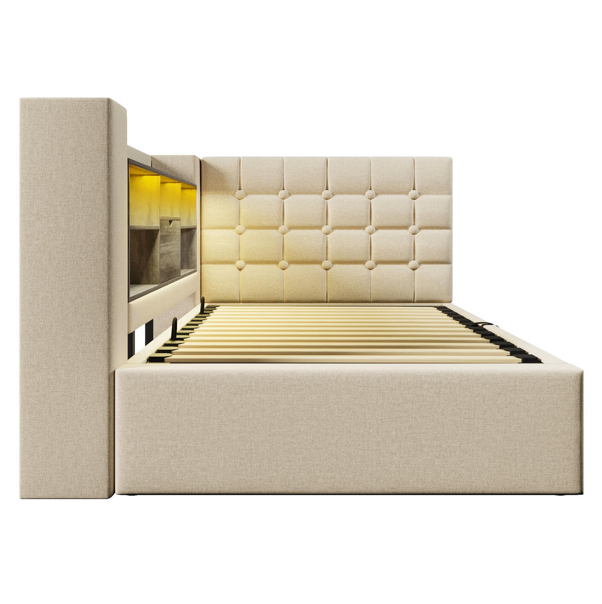 POLSTERBETT 90/200 cm Beige aus Leinen mit LED und Stauraum - Beige, Textil (90/200cm) - OKWISH
