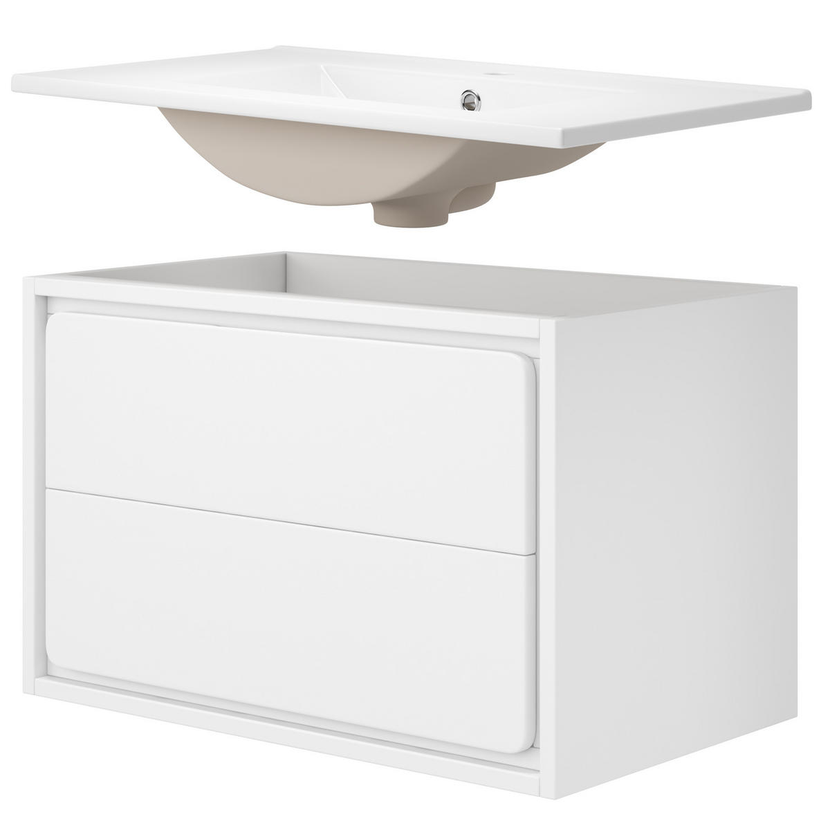 ZÁVĚSNÁ koupelnová skříňka z MDF 76x46x48,5 cm bílá s keramickým umyvadlem, LED senzorovým osvětlením a 2 zásuvkami - bílá, kompozitní dřevo (76/58.5/46cm) - Modfu