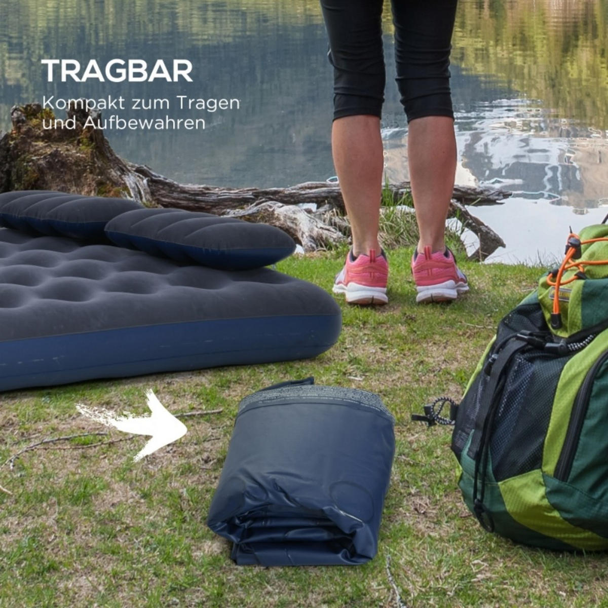 LUFTBETT Doppel-Luftmatratze mit Handpumpe & Kopfkissen， Blau 203x152x22cm für Camping & Gäste - Blau, Kunststoff