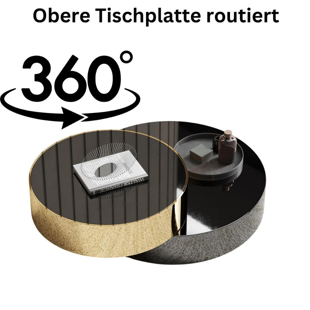 DESIGN-COUCHTISCH ORBIT ROTATE Runder Wohnzimmertisch mit 360°-Drehfunktion - Schwarz Hochglanz/Goldfarben, Glas (100/100/64cm) - alesvelt