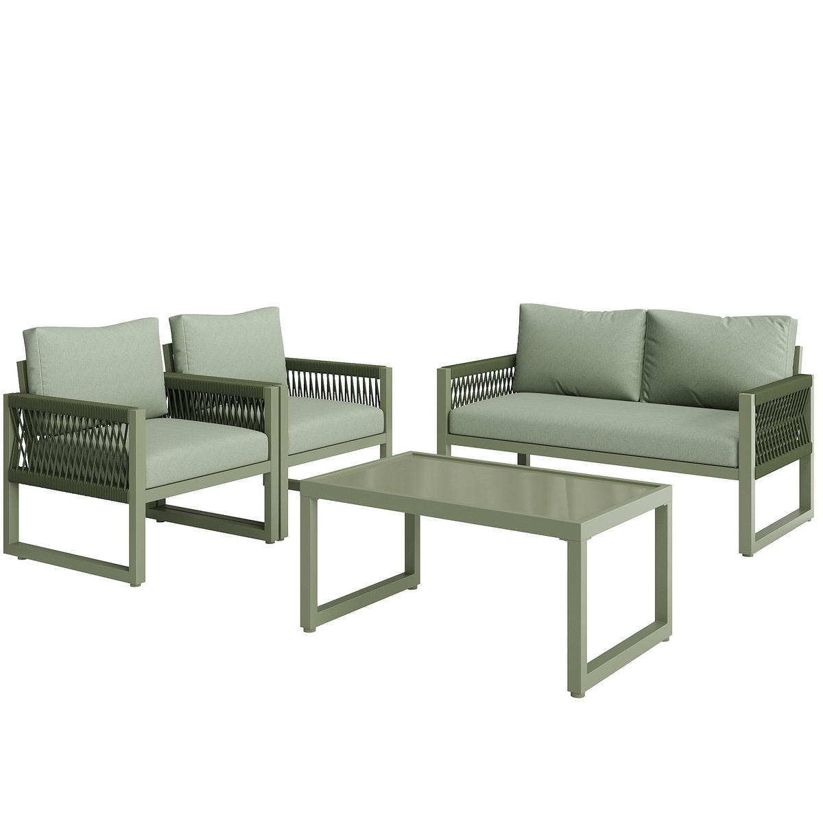 GARTEN-LOUNGE-SET mit Glas-Couchtisch & Seilgeflecht, 4-teilig, 126/65/72 cm, Grün - Grün, Metall - Redom