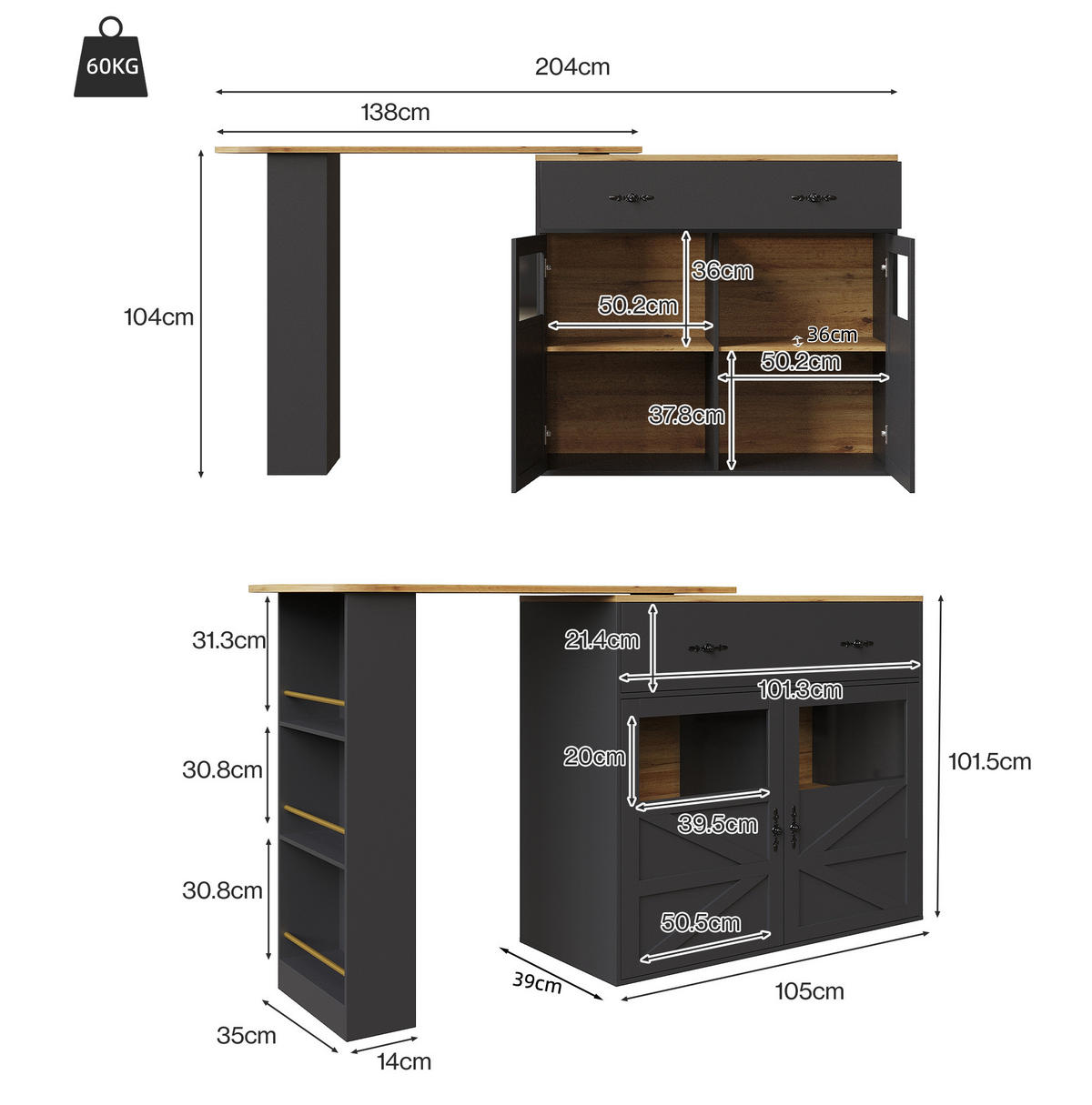 BARTISCH aus MDF, ausziehbar 138-204/39/104 cm mit 360° Drehfunktion & Stauraum, Schwarz - Schwarz, Holzwerkstoff (39/104/138cm) - Redom