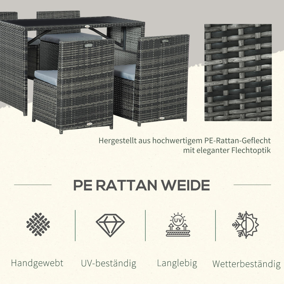 GARTENMÖBEL Set Stahl PE Polyrattan Grau - Grau, Metall - Outsunny