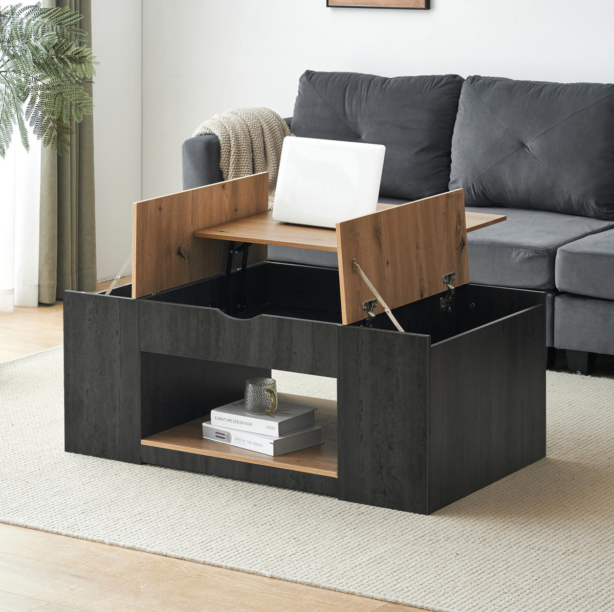 COUCHTISCH 109.5/59.7/43 cm in Grau/Braun aus MDF mit Liftfunktion und Stauraum - Grau, Holzwerkstoff (109.5/59.7/43cm) - OKMYHOME