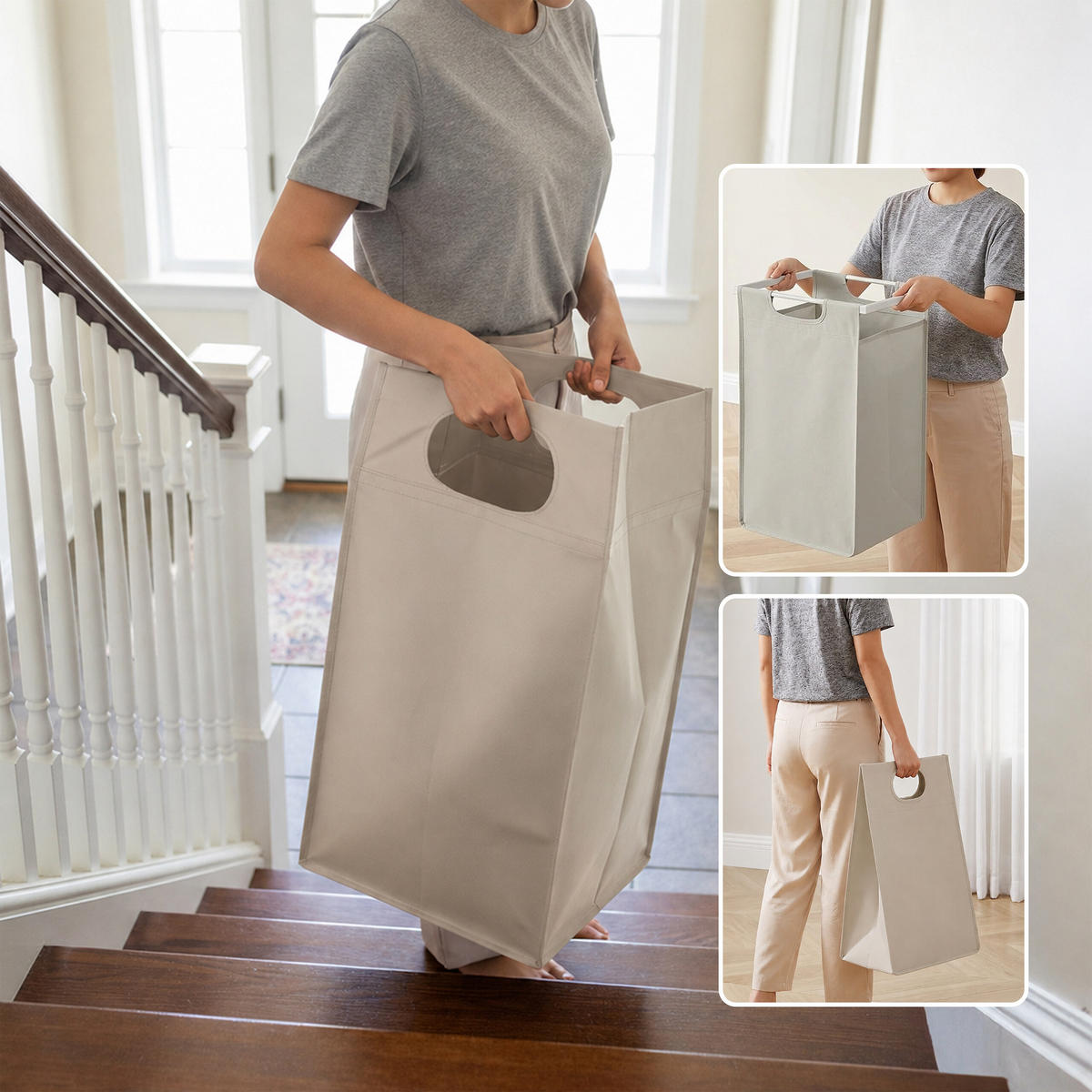 COȘ de rufe alb bej 3-compartimente cu poliță - bej, material textil/compozit lemnos (92.5/73/33cm) - Relaxdays
