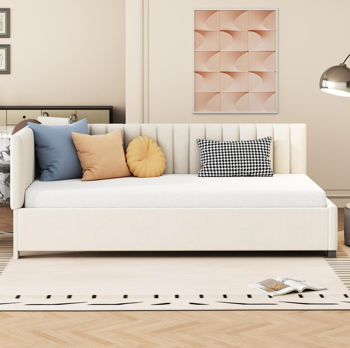 ČALÚNENÁ posteľ 90x200 cm béžová z zamatu s lamelovým roštom, úložným priestorom a flexibilným operadlom - béžová, koža (90/200cm) - Modfu
