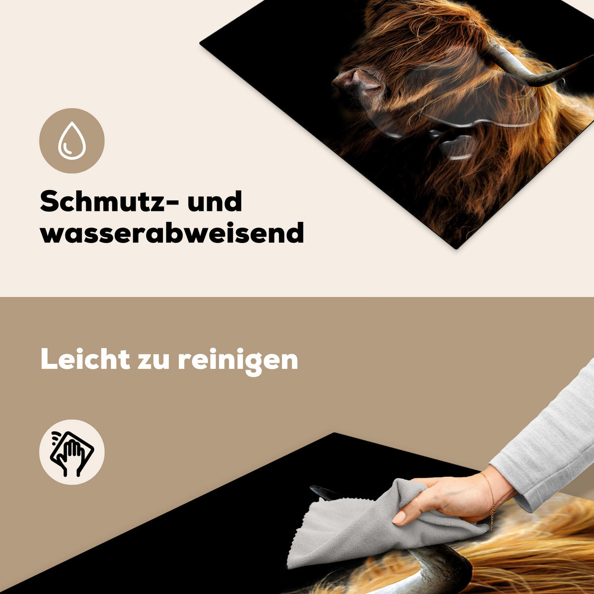 HERDABDECKPLATTE Schottischer Highlander - Hörner - Schwarz - Tiere - Natur - Wild - Kuh 65x52 cm - Cognac, Kunststoff (65/0.2/52cm) - MuchoWow