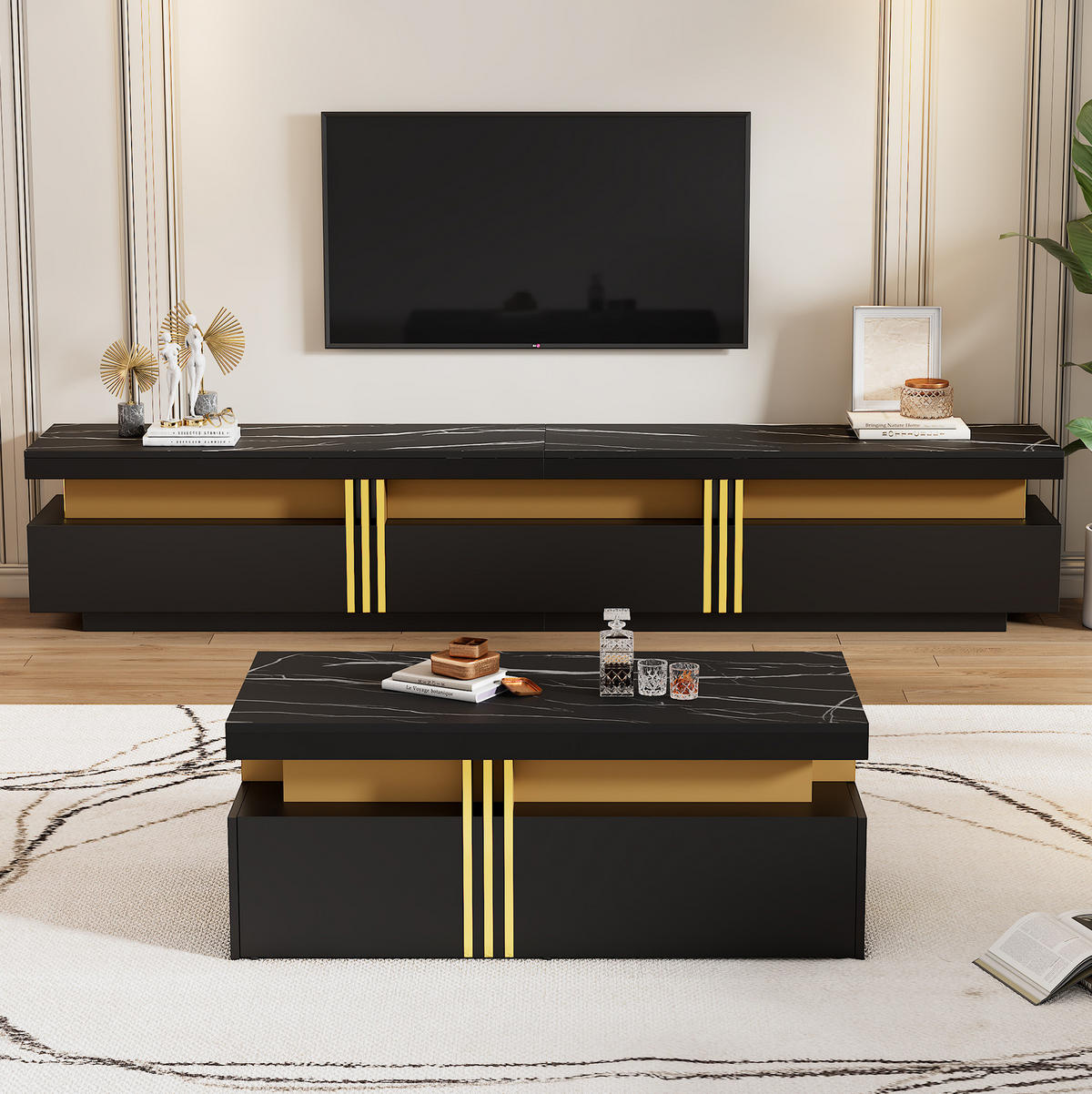 TV-ELEMENT 2-tlg. mit Couchtisch 200 cm Schwarz - Schwarz, Holzwerkstoff (200/40/42cm) - Meubliv