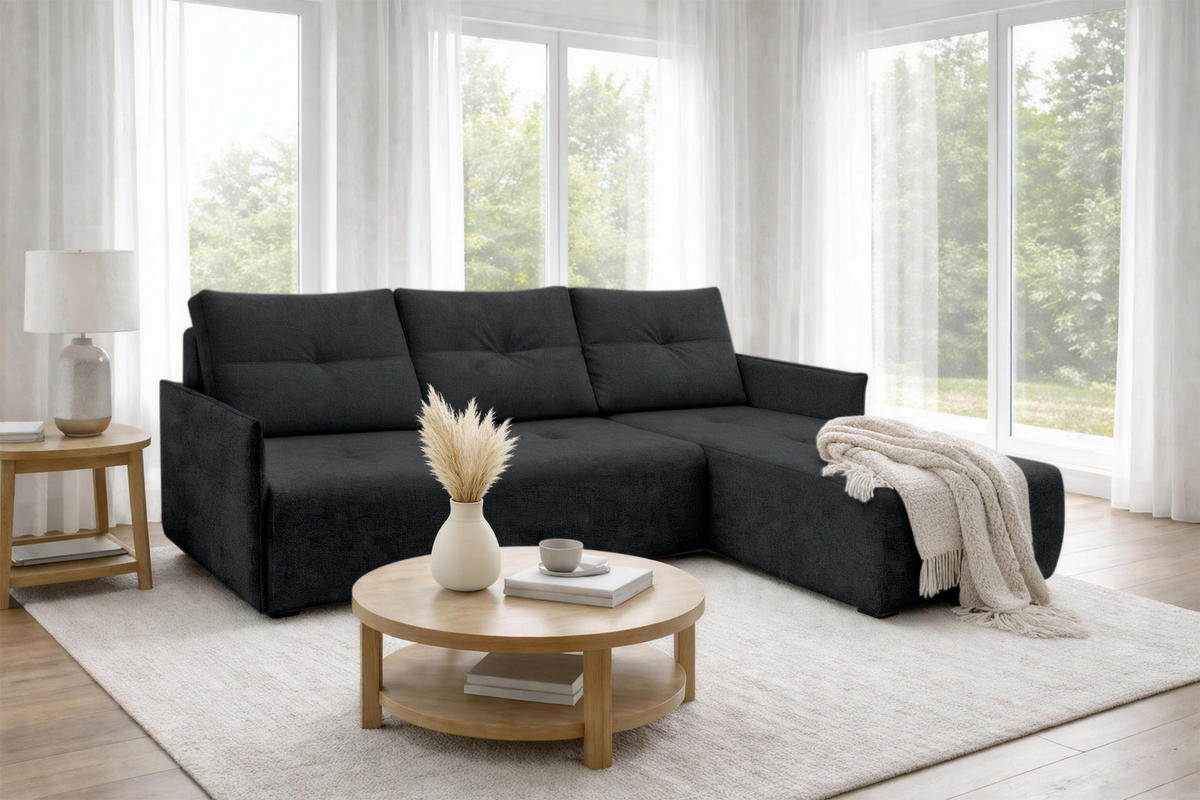 ECKSOFA L Form Damascus Schwarz 212/143/88 cm Rechts mit Schlaffunktion - Schwarz, Kunststoff/Textil (212/143cm) - AX Living
