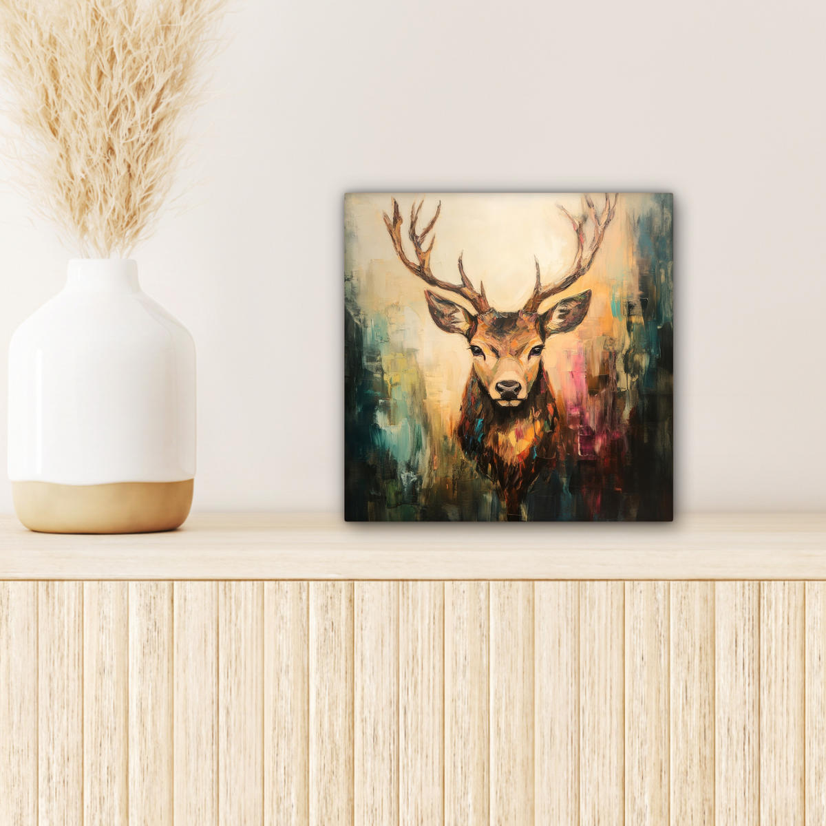 LEINWANDBILD Hirsch - Gemalt - Geweih - Braun 20x20 cm - Haselnussfarben, Textil (20/20cm) - MuchoWow