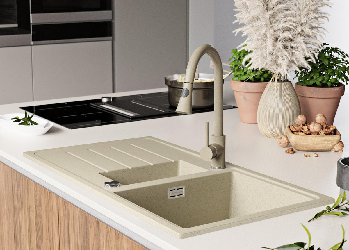 GRANITSPÜLE Kopenhagen Duo, 2-er set Beige 90/50 cm 1,5 Becken + Küchenarmatur 40/20 cm + Ablauf-Set ab 60er Unterschrank - Beige, Kunststoff (90/19/50cm) - Primagran