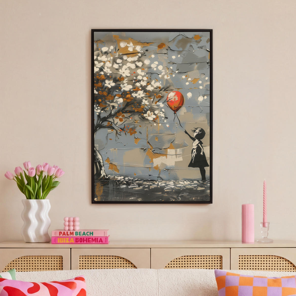 LEINWAND Bilder mit Rahmen - Baum - Graffiti - Banksy-Stil - Ballon-Mädchen - 60x90 - Blaugrau, Textil (60/90cm) - MuchoWow