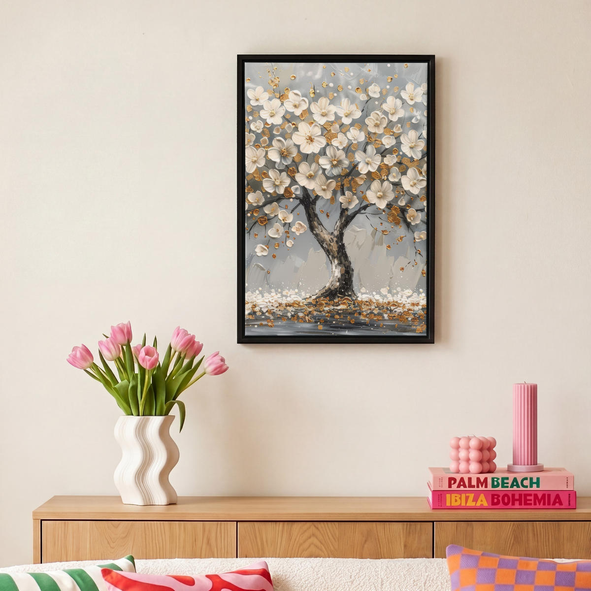 LEINWAND Bilder mit Rahmen - Baum - Blumen - Weiß - Natur - Kunst - 20x30 - Weiß, Textil (20/30cm) - MuchoWow