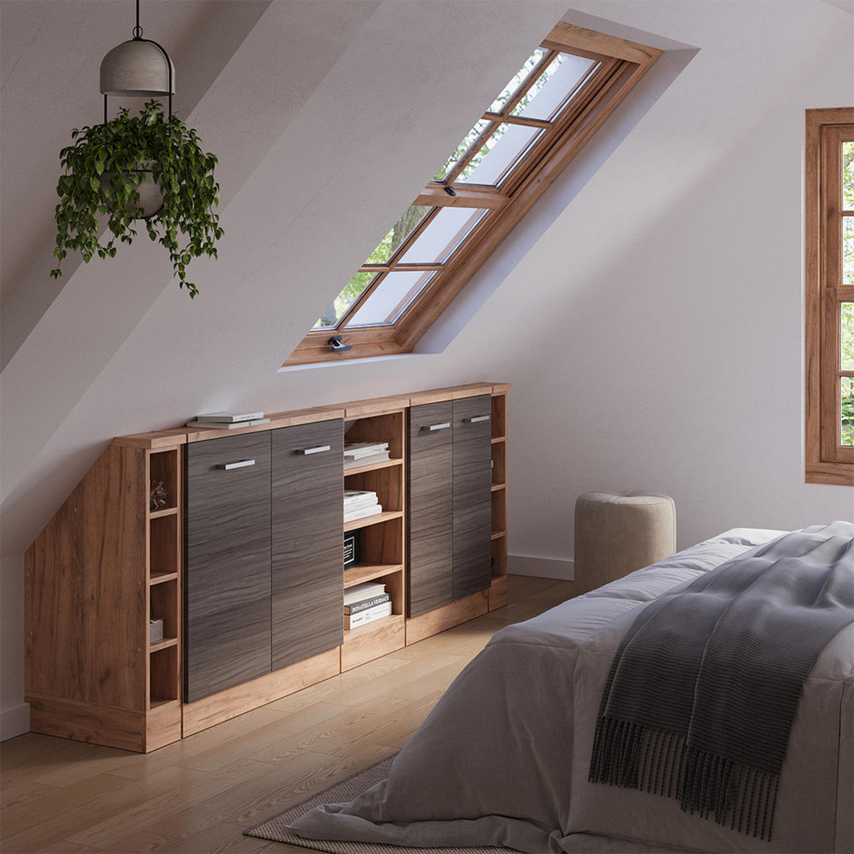 KUCHYŇSKÁ SKŘÍŇKA POD ŠIKMOU STŘECHU R-Line Ušlechtilý šedý/zlatý dub - šedá/medově dubová, kompozitní dřevo (210/81.6/46cm) - Vicco