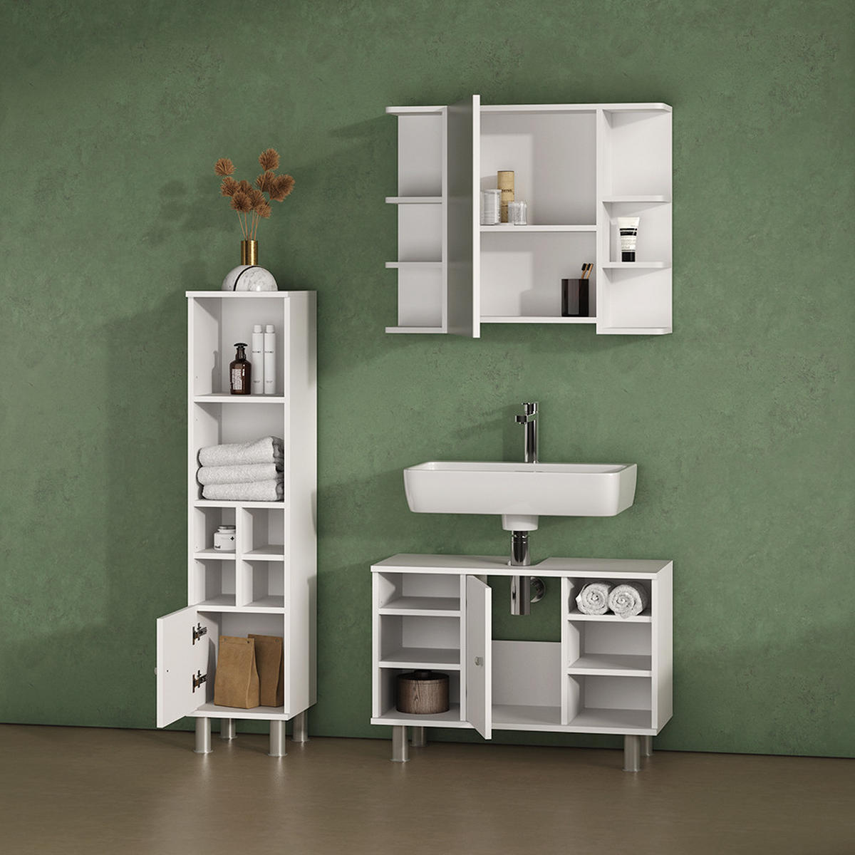 BADMÖBEL-SET Fucino Weiß 2 Teile, Unterschrank 80 cm - Weiß, Holzwerkstoff (80/64/32cm) - Livinity®