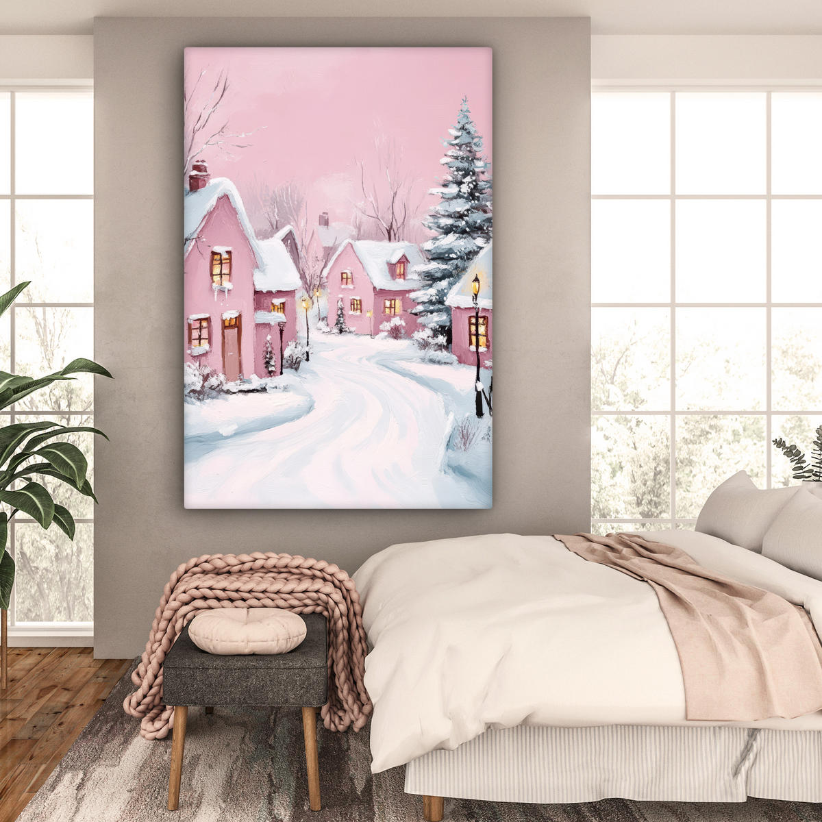 SLIKA NA PLATNU Božična vas 90x140 cm - starinsko roza, tekstil (90/140cm) - MuchoWow