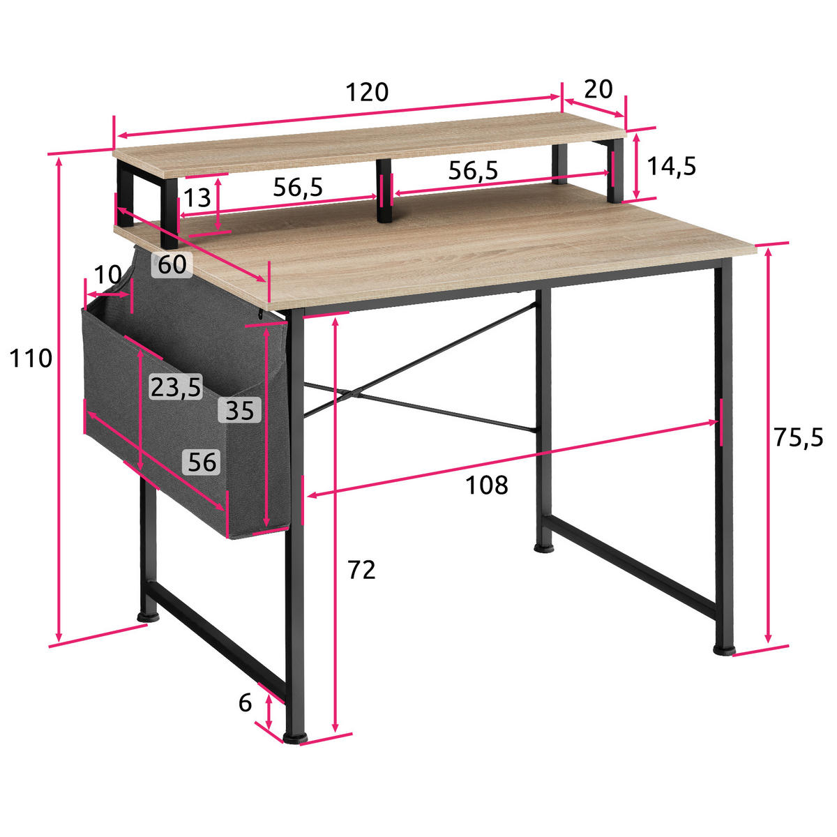 SCHREIBTISCH Thornton, 120 x 60 x 110 cm, Industrial Holz hell, Eiche Sonoma - Naturfarben, Holzwerkstoff (60/120/90cm) - tectake