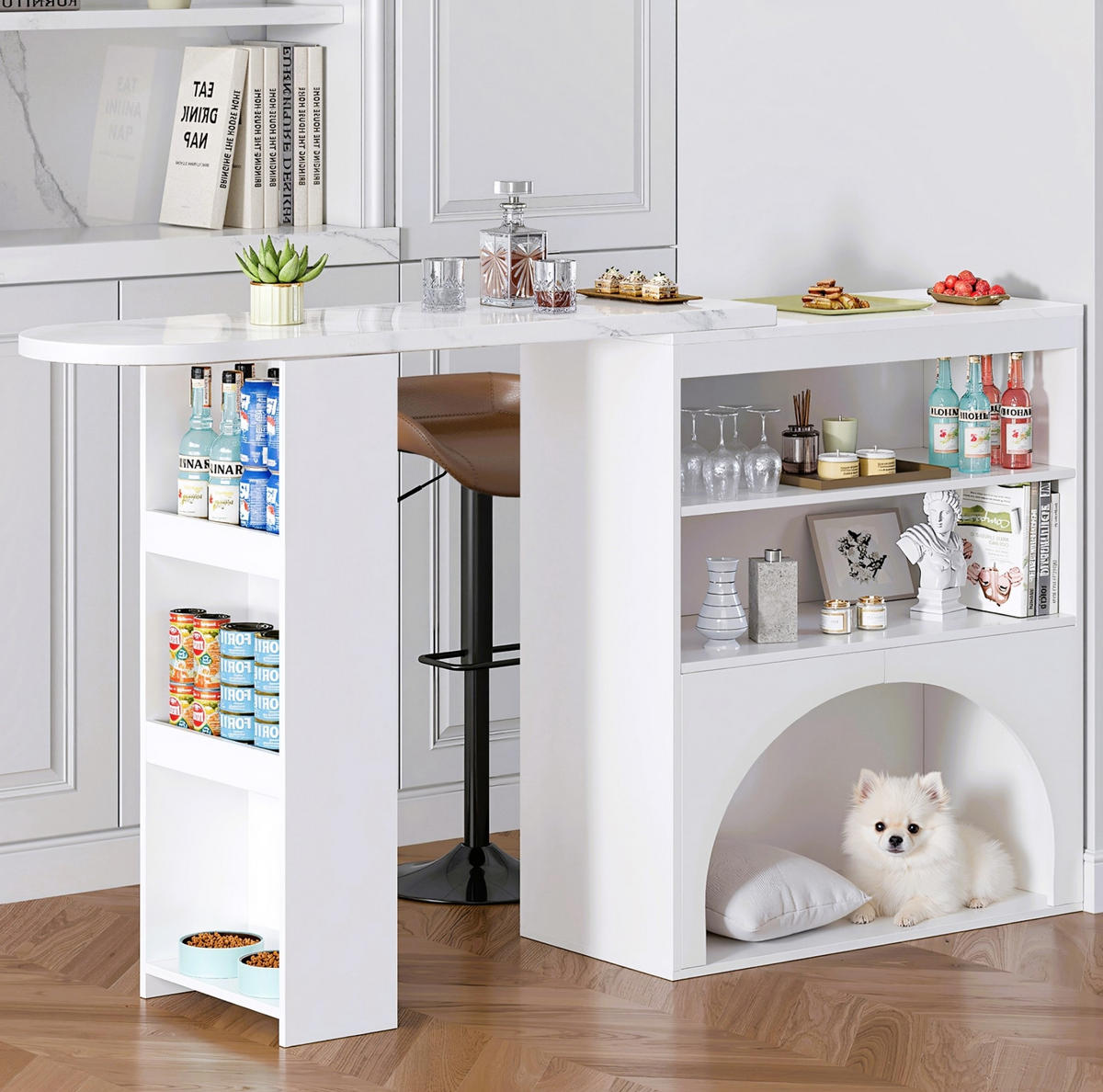 BAROVÝ a jídelní stůl 120(+80)/40/100 cm bílý z MDF s výsuvnou deskou a úložným prostorem - bílá, kompozitní dřevo (120/40/100cm) - OKWISH