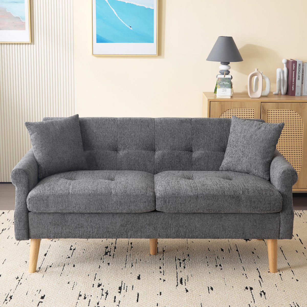 DOPPELSOFA Chenille-Stoff Modern mit dicken Kissen Polster Grau - Grau, Holz (74/77/162cm) - FLIEKS