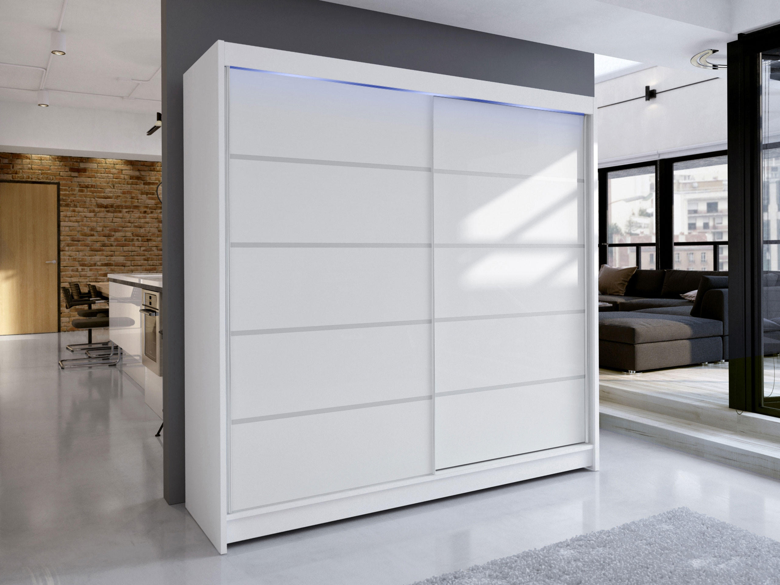 SCHWEBETÜRENSCHRANK Talin IV, mit RGB LED Beleuchtung - Silberfarben/Weiß, Holzwerkstoff/Metall (180/215/58cm) - MIRJAN24