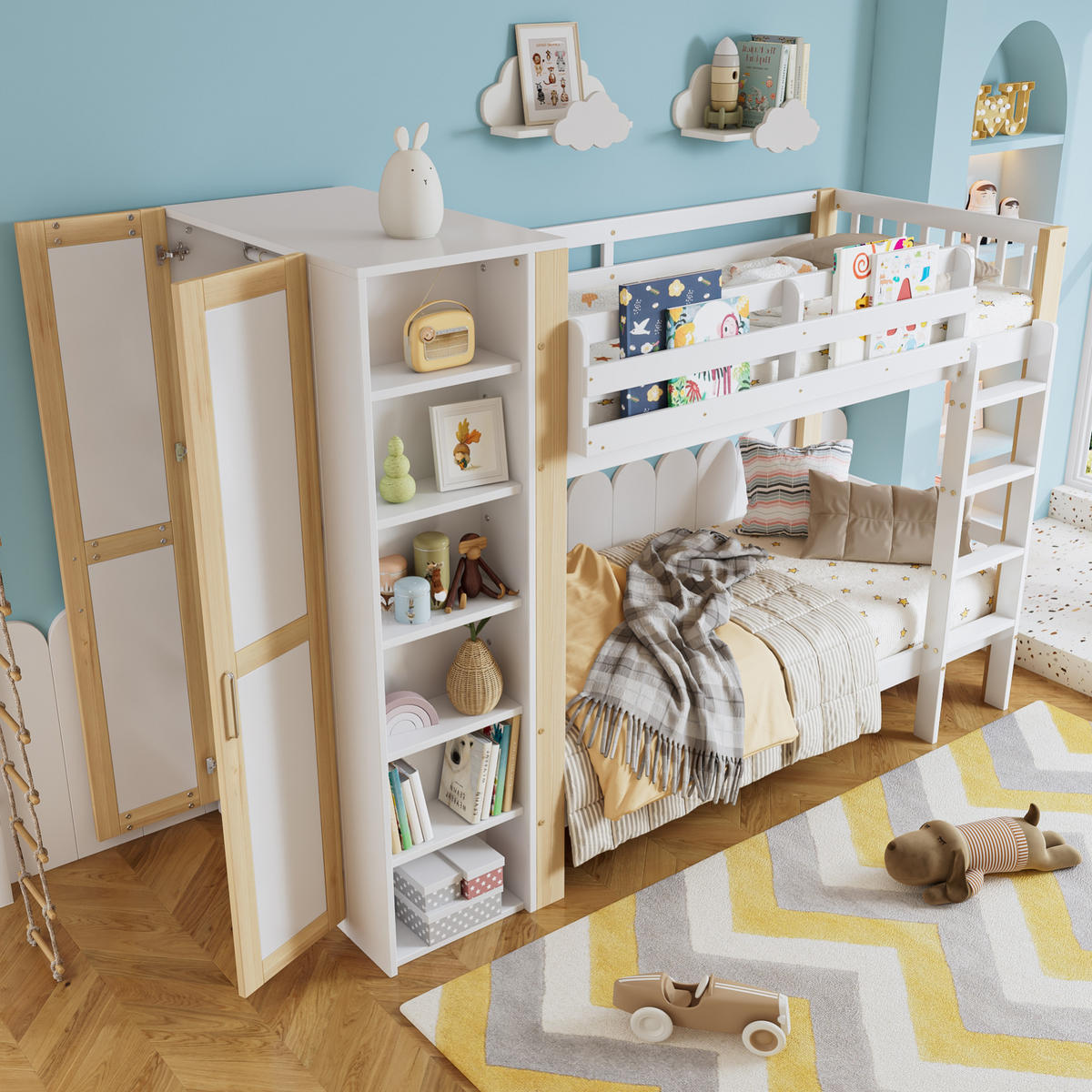 ETAGENBETT 90/200 cm, Weiß/Natur mit 6 offenen Regalen und Kleiderschrank - Weiß, Holz (90/200cm) - MIVRAY