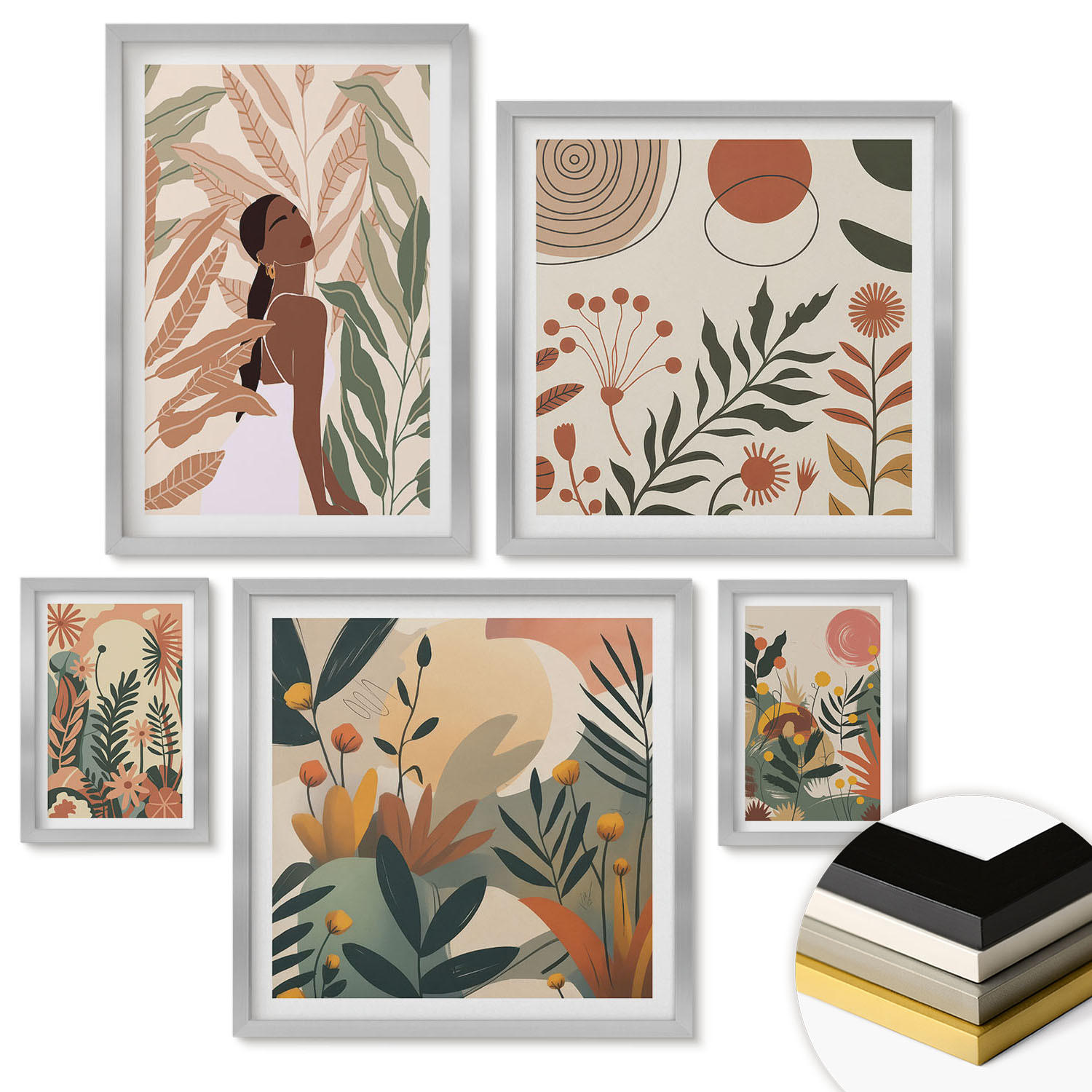 WANDBILDER 5er Set - 50x50 cm & 20x30 cm & 40x60 cm Silberner Rahmen - Pflanzenmotive in Farben - Silberfarben, Kunststoff (40/60cm) - ArtPrintCave