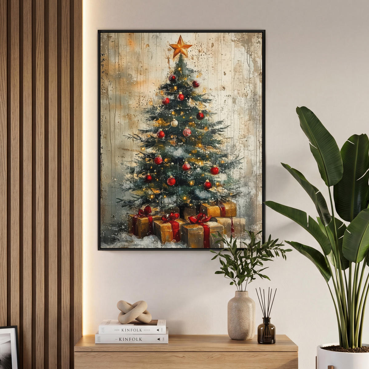 LEINWAND Bilder mit Rahmen - Weihnachtsbaum - Vintage - Weihnachten - Geschenk - 70x100 - Rostfarben, Textil (70/100cm) - MuchoWow