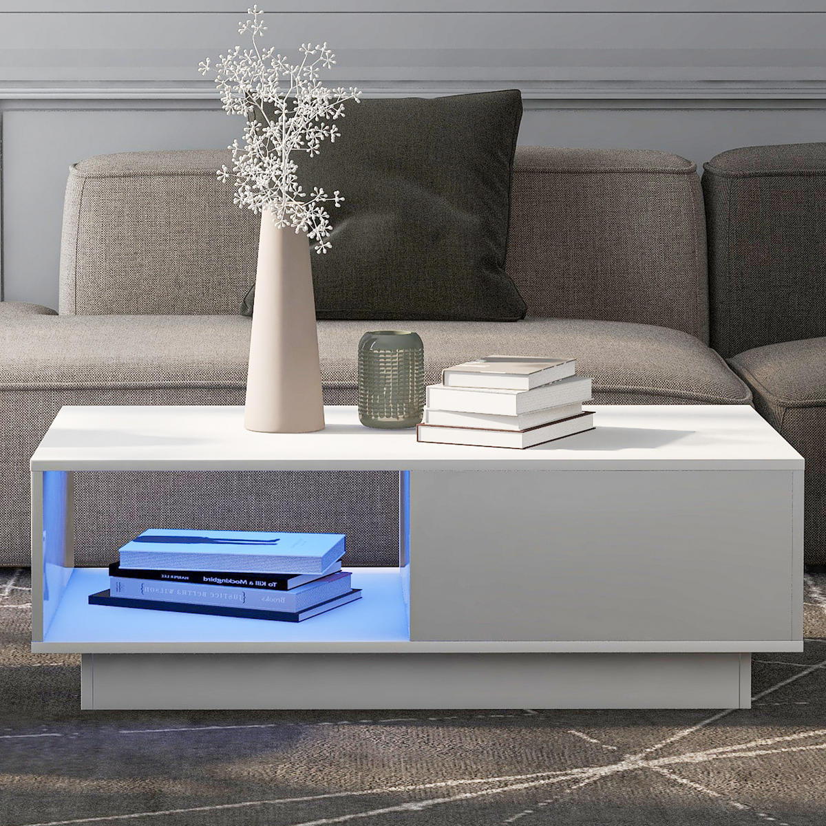 COUCHTISCH 95x55cm Modern Hochglanzweiß LED 15-Farben rechteckig - Weiß, Holz (106.5/67.5/15cm) - FLIEKS