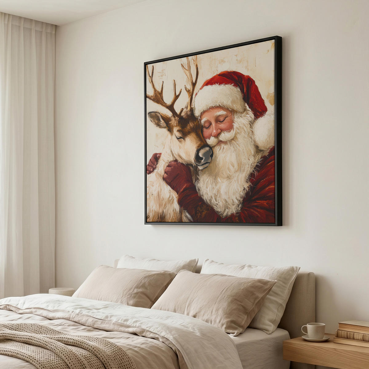 LEINWAND Bilder mit Rahmen - Weihnachtsmann - Rentier - Weihnachten - 90x90 - Rotbraun, Textil (90/90cm) - MuchoWow