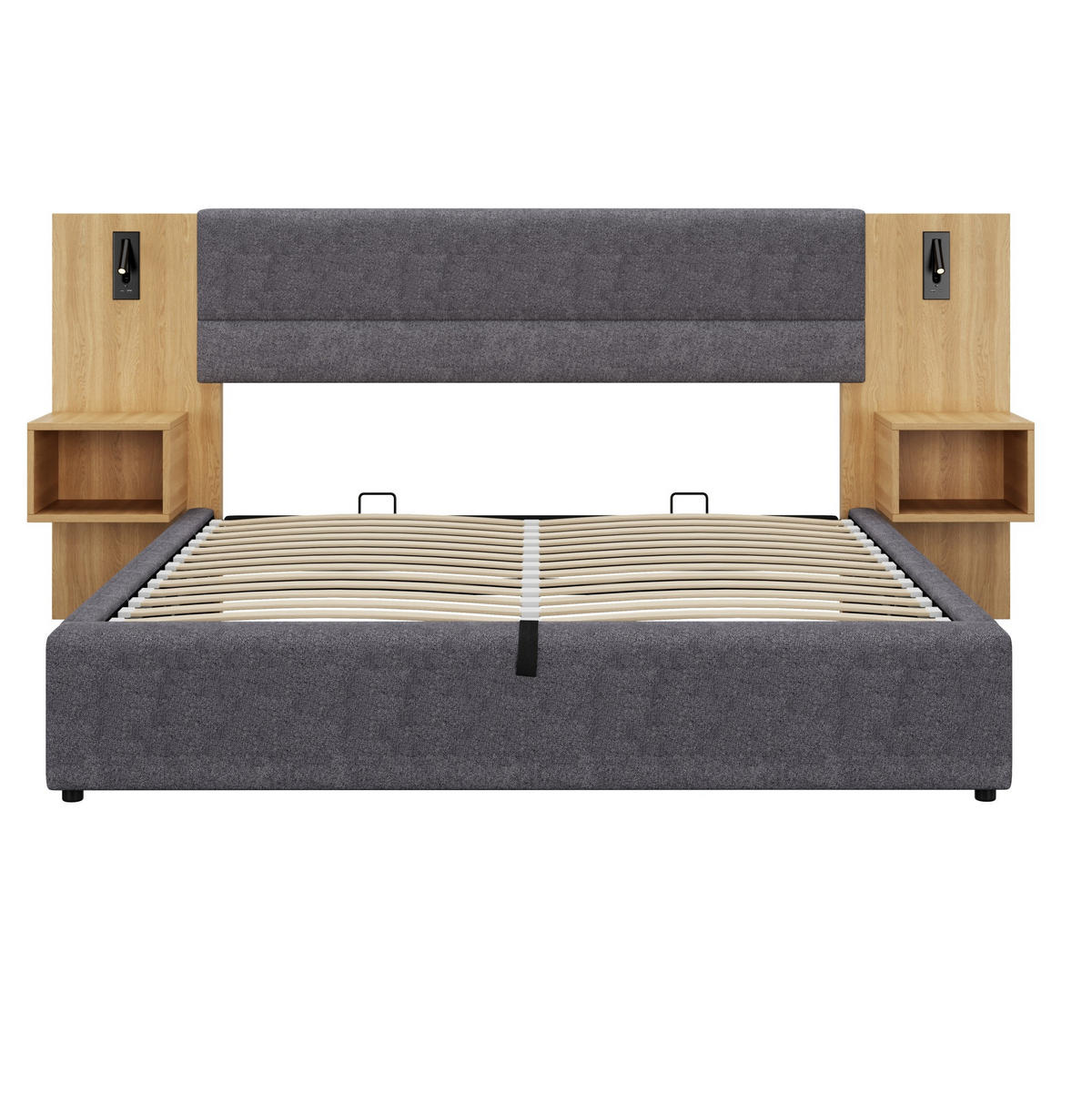 POLSTERBETT 160/200 cm aus Samt mit USB-Anschluss Beleuchtung und 2 Nachttischen Grau und Natur - Naturfarben, Textil (160/200cm) - Modenvie