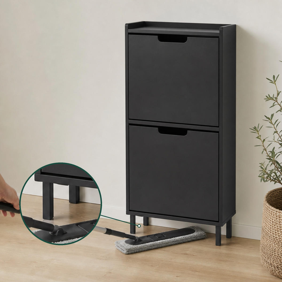 SCHUHSCHRANK Schwarz 2 Klappen Metallbeine 91x50x19 cm - Schwarz, Holzwerkstoff/Metall (50/91/19cm) - Relaxdays
