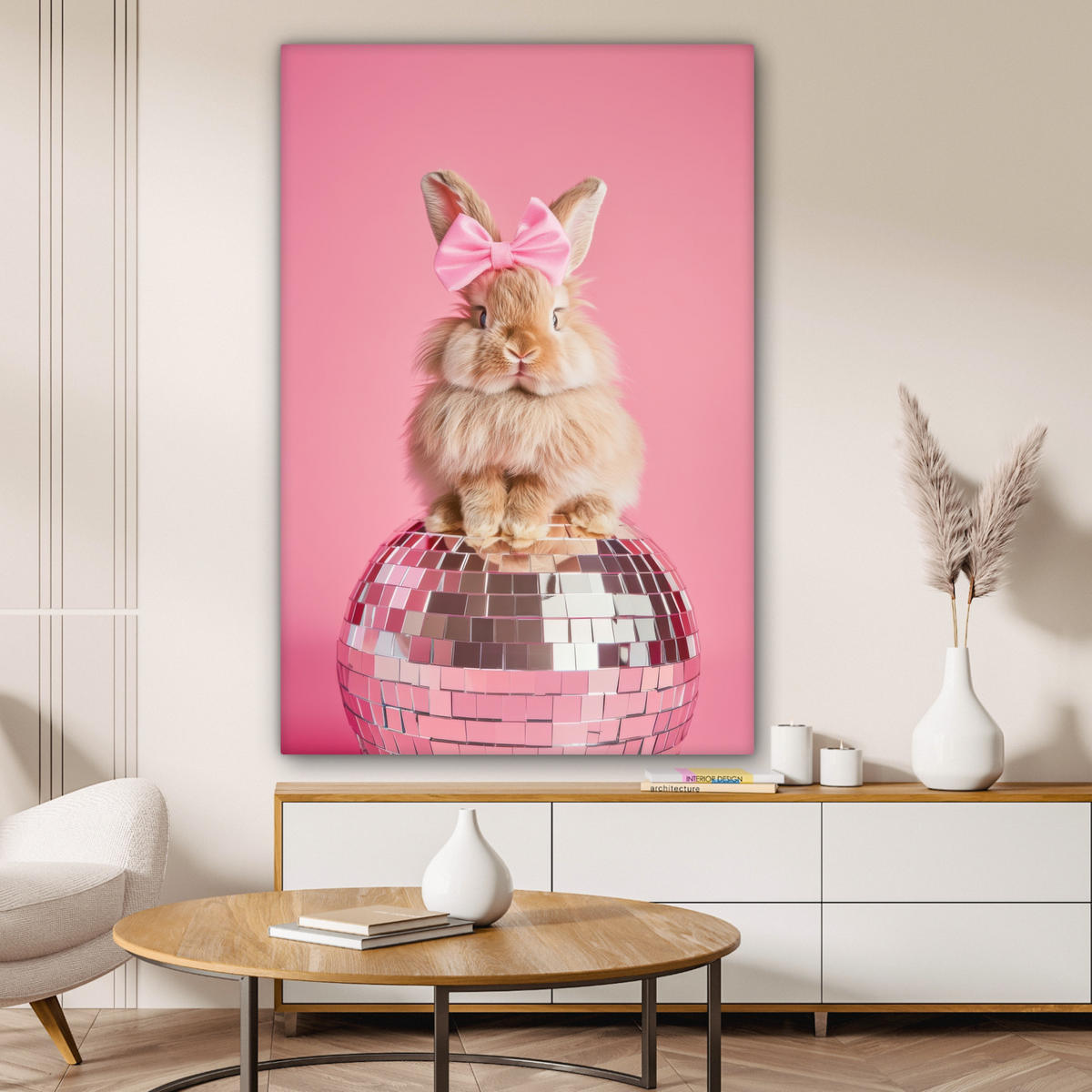 LEINWANDBILD Schleife - Discoball - Kaninchen Deko Groß 90x140 cm - Pink, Textil (90/140cm) - MuchoWow