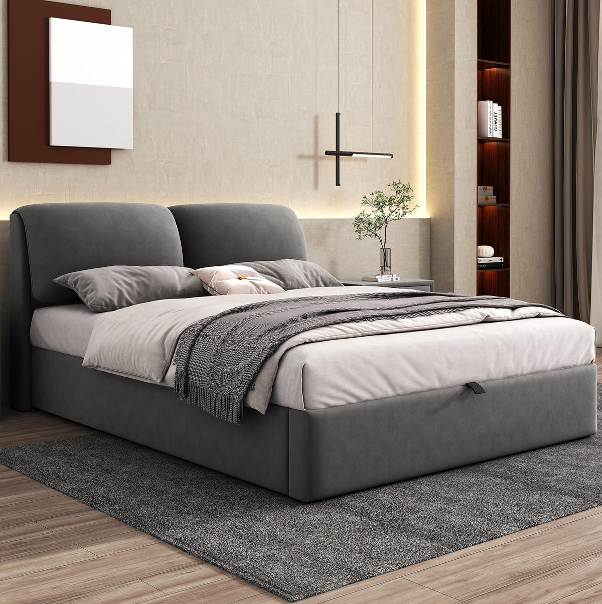 POLSTERBETT aus Samt 140x200 cm Grau mit Bettkasten, 3 Schubladen und hydraulischer Öffnung - Grau, Textil (140/200cm) - IVMEU