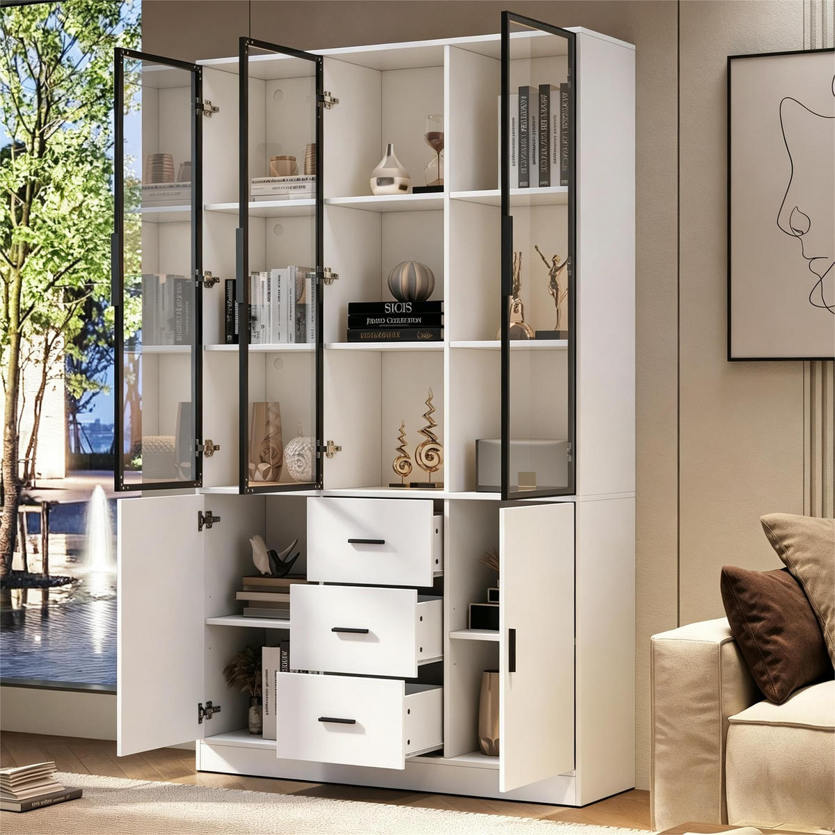 VITRINE 120x30x200 cm Weiß mit LED und 3 Schubladen - Weiß, Holzwerkstoff (120/200/30cm) - FLIEKS