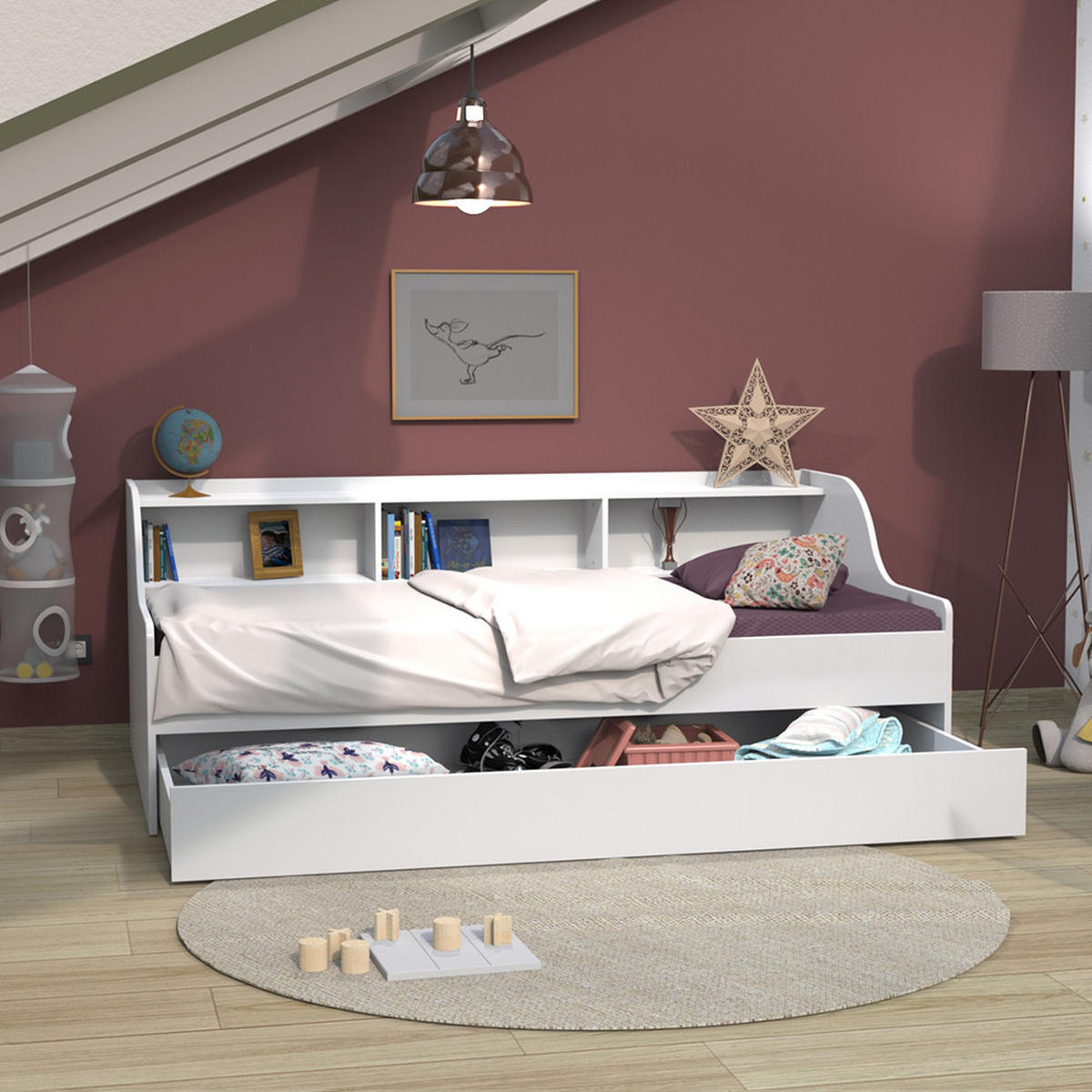 AUSZIEHBETT PALMA mit Regal und Nischen/ Bett 2x90x190 - Weiß - Weiß, Holzwerkstoff (90/190cm) - Weber Industries