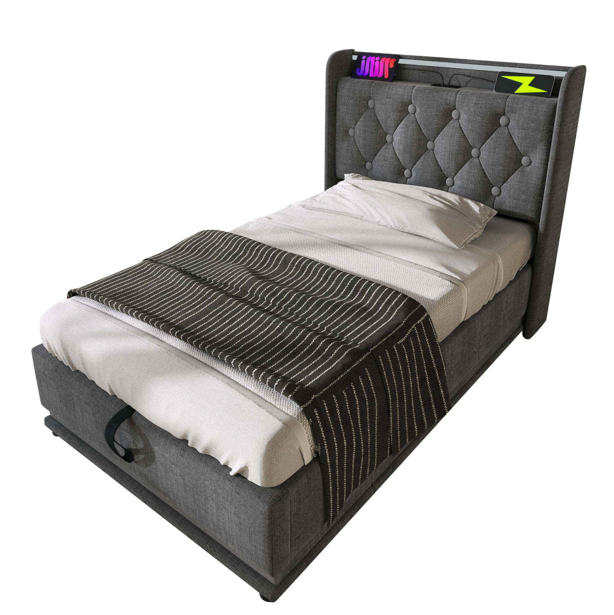 BETT mit LED und Stauraum 90x200 cm Leinen Grau - Grau, Metall (90/200cm) - Meubliv