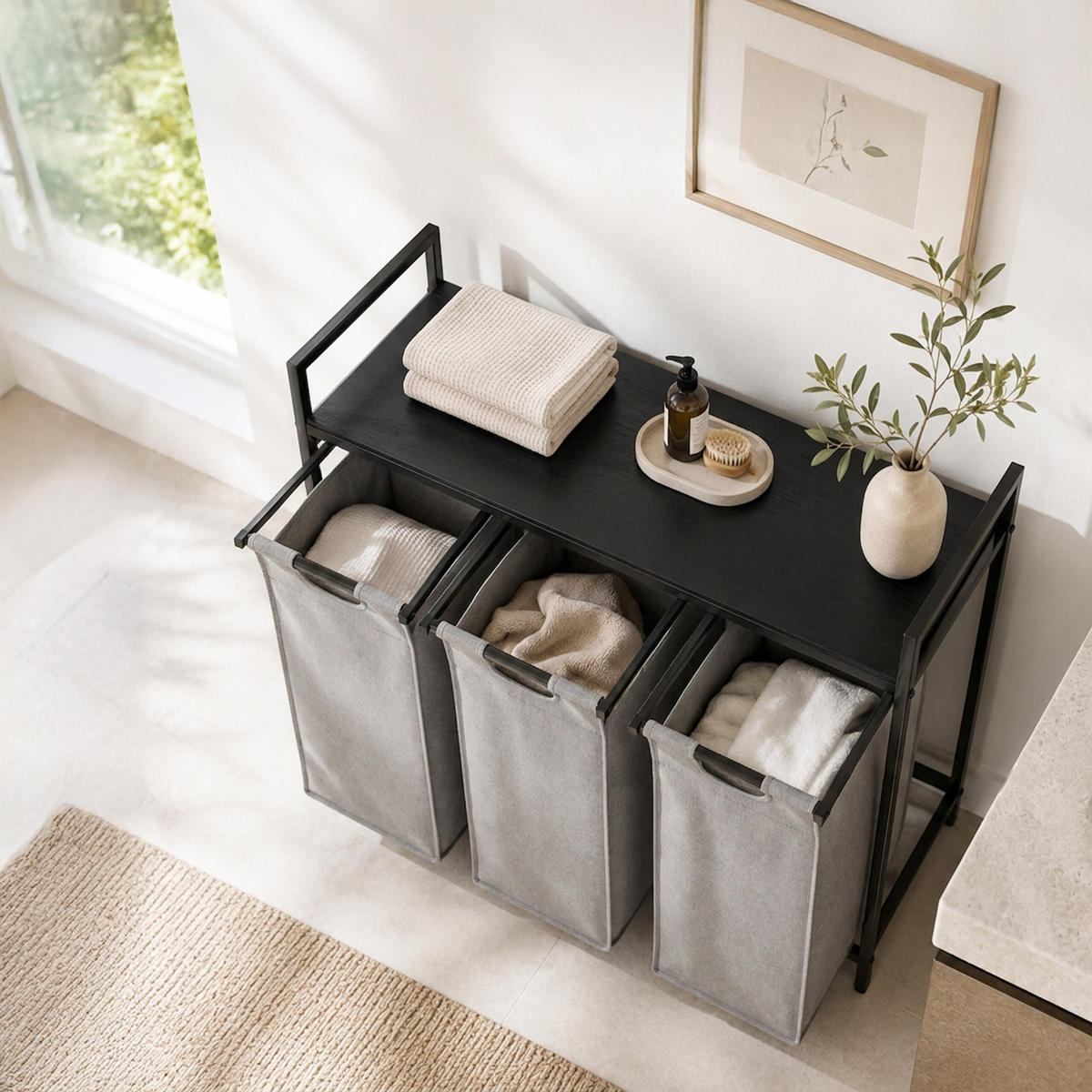 COȘ de rufe negru gri 3-compartimente cu poliță - gri, material textil/compozit lemnos (92.5/73/33cm) - Relaxdays