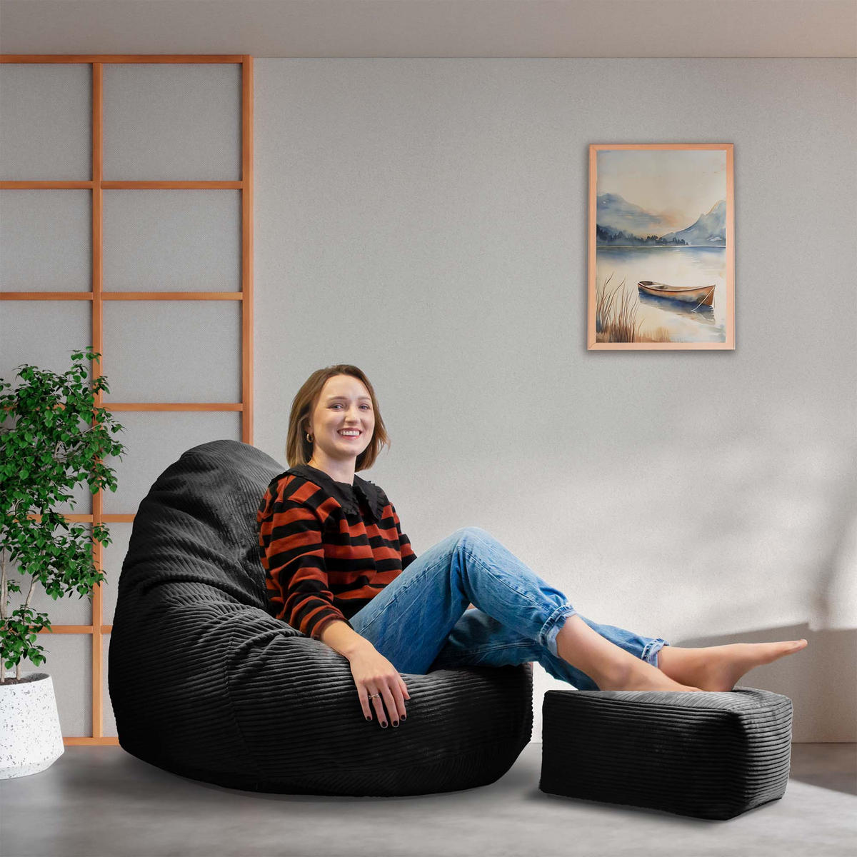 SITZSACK PARADISE MIT FUßSTÜTZE Kordsamt 2-tlg Black Beauty M - Schwarz, Textil (90/100/90cm) - Dreamroots
