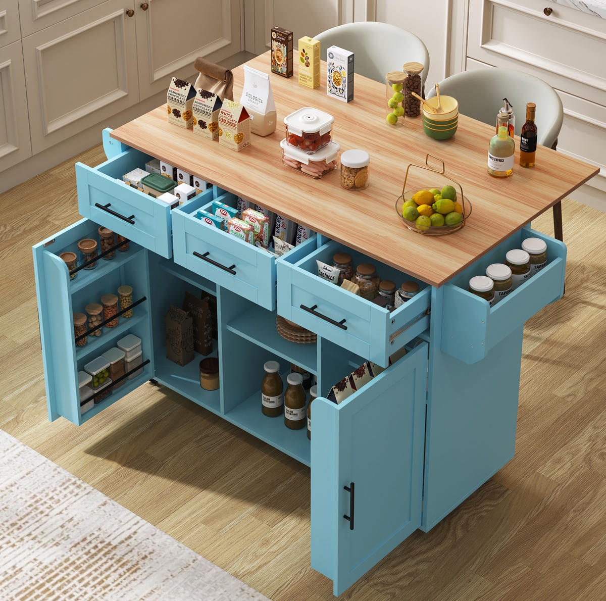 KÜCHENINSEL 139/91,5/46(71) cm Blau aus MDF mit klappbarer Arbeitsplatte - Blau, Holzwerkstoff (46/91.5/139cm) - OKMYHOME