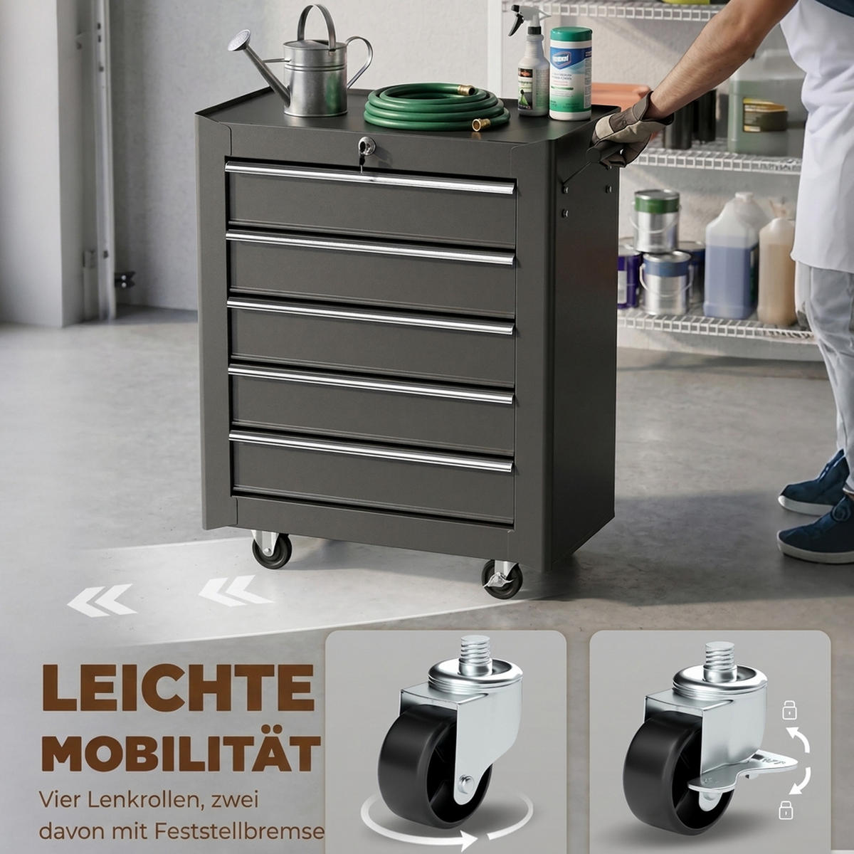 WERKSTATTWAGEN leer Werkzeugwagen abschließbar mit 5 Schubladen Schwarz - Schwarz, Metall (33/75/61.6cm) - HOMCOM