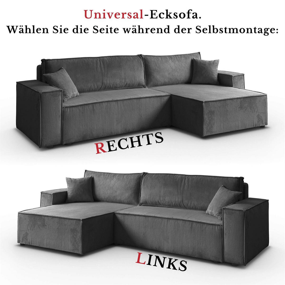 ECKSOFA Gepolstertes CARLO XL Cord mit Schlaffunktion und Bettkasten, Poso 60 - Grau, Textil (277/143cm) - Lookway