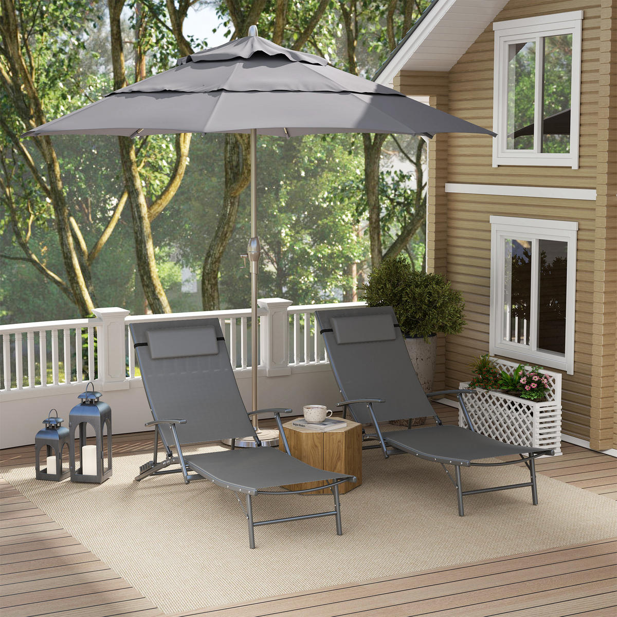 SONNENLIEGE Set mit 2 klappbaren Gartenstühlen mit 4-fach verstellbarer Rückenlehne und Kissen,154*64*87 cm ,Grau - Grau, Metall (64/87/154cm) - Vallsero