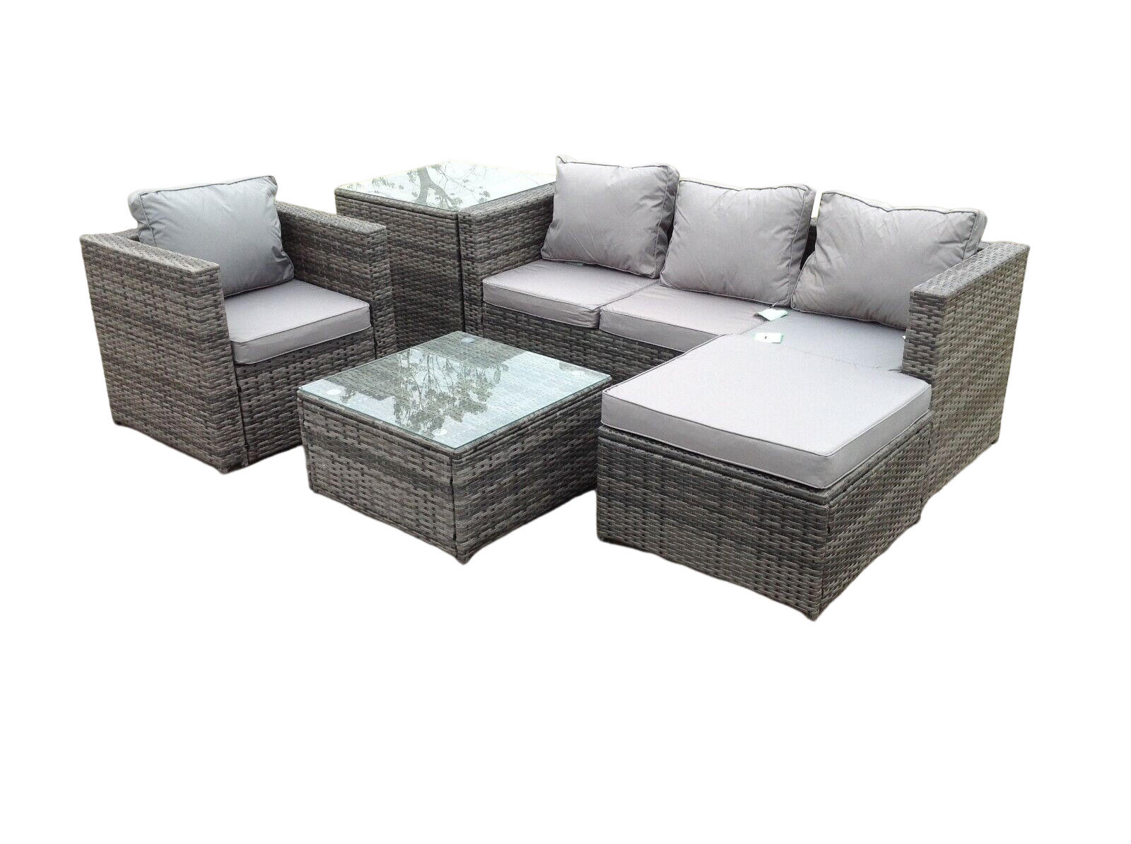 GARTENMÖBELSET mit Couchtisch Polyrattan 5-Sitzer - Dunkelgrau/Grau, Glas/Kunststoff - Fimous