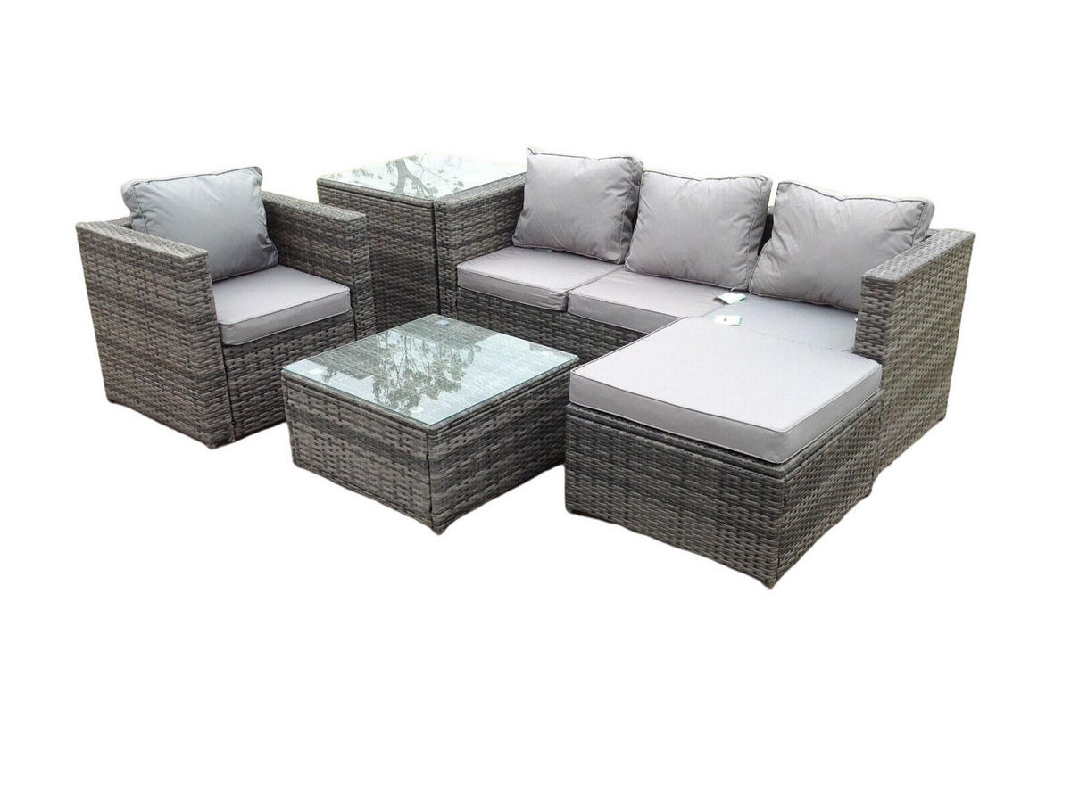 GARTENMÖBELSET mit Couchtisch Polyrattan 5-Sitzer - Dunkelgrau/Grau, Glas/Kunststoff - Fimous