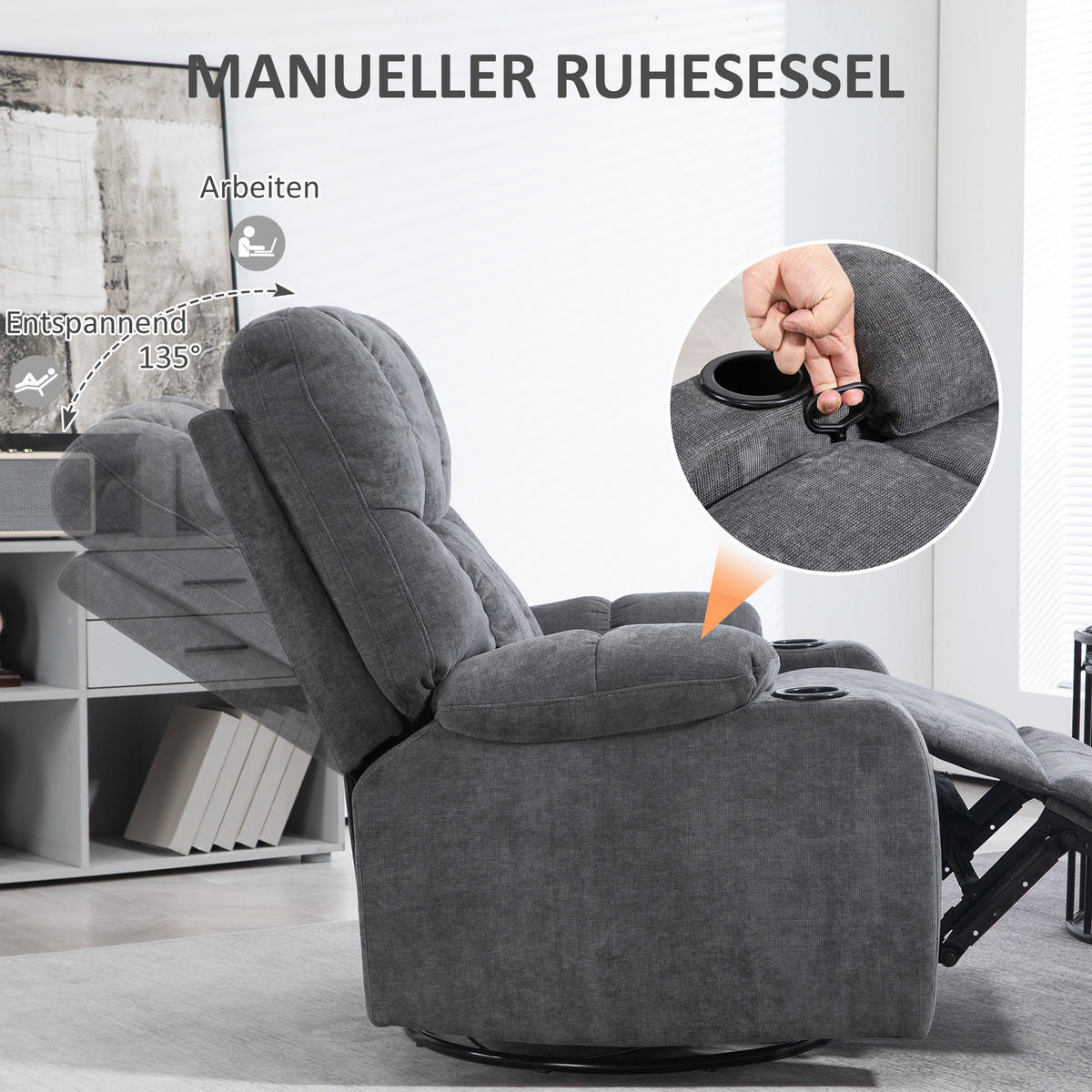 RELAXSESSEL Drehbar Fernsehsessel mit Liegefunktion, Schaukelfunktion Dunkelgrau - Dunkelgrau/Schwarz, Textil/Metall (96/108/88cm) - HOMCOM