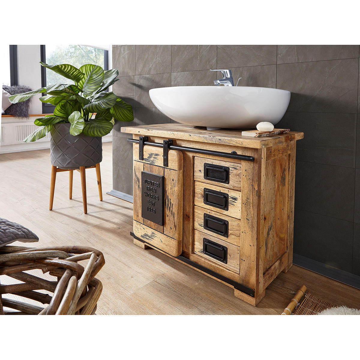 WASCHBECKENUNTERSCHRANK - Mango massiv / Eisen - Mango / Schwarz - Braun, Holz/Metall (70/60/40cm) - home24