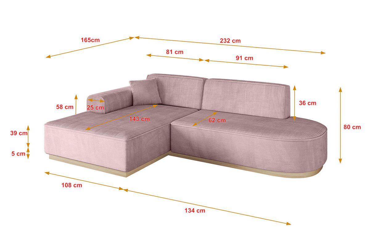 ECKSOFA Ottomane Links IREA-L1 - 232x165x80 cm Rosa - Rosa, Holzwerkstoff/Textil (232/165cm) - ALTDECOR