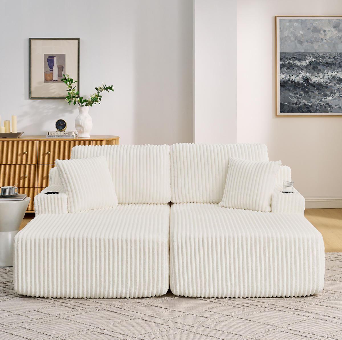 SCHLAFSOFA aus Kordstoff Beige mit Getränkehalter, Seitentasche und abnehmbaren Kissen - Beige, Kunststoff (186/78/154cm) - Modfu