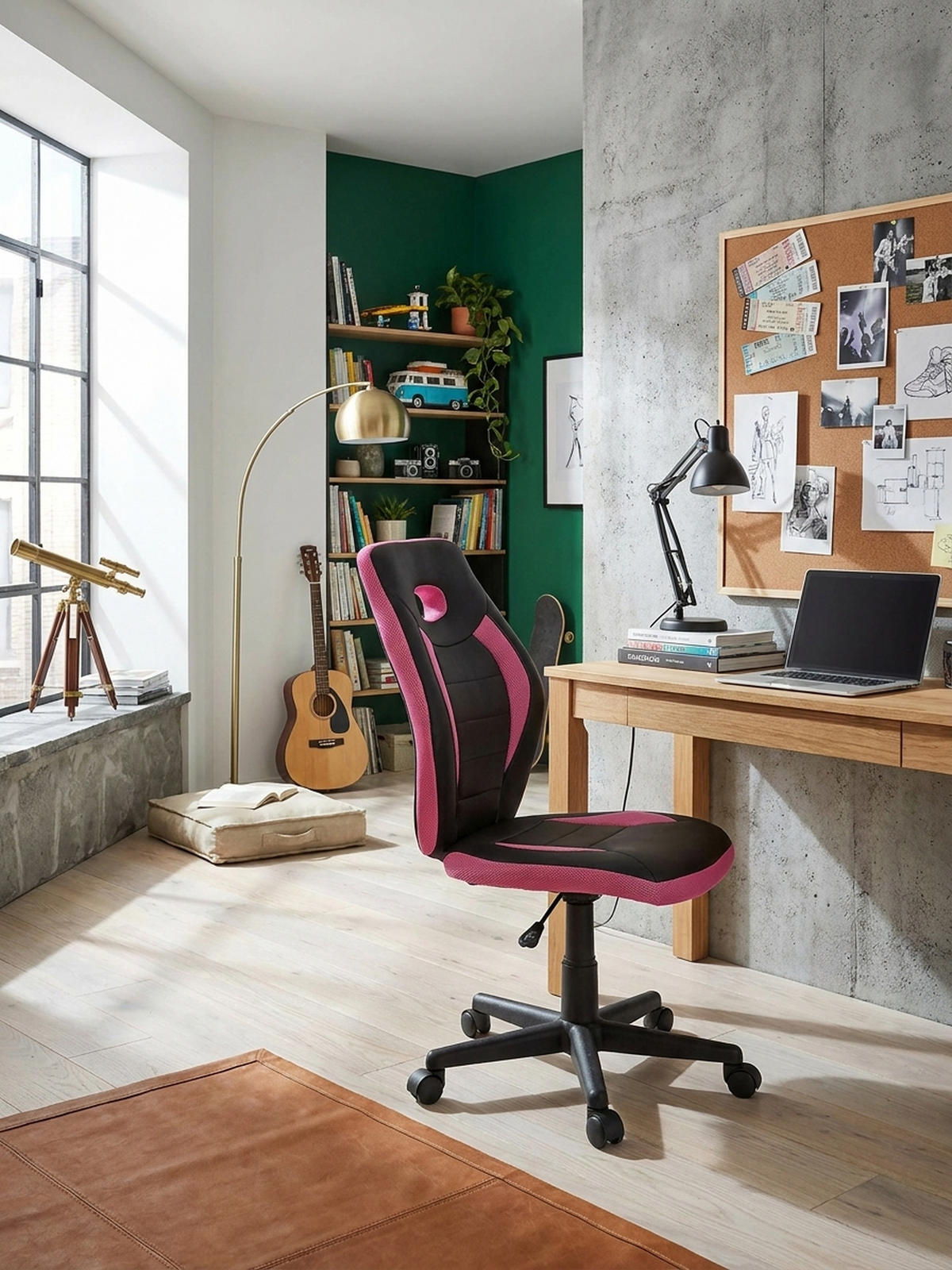 JUGENDDREHSTUHL Hohe Rückenlehne Schulterstütze Kunstleder Mesh, Rosa 63x63x103 cm - Schwarz/Rosa, Kunststoff/Textil (63/103/63cm) - KADIMA DESIGN